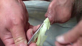 Amateur'S Foreskin Gets Cut And Toyed With With Spring Onions And Scissors