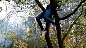 Mädchen Klettert Auf Einen Baum, Um Öffentlich Zu Masturbieren - Lesben-Illusion